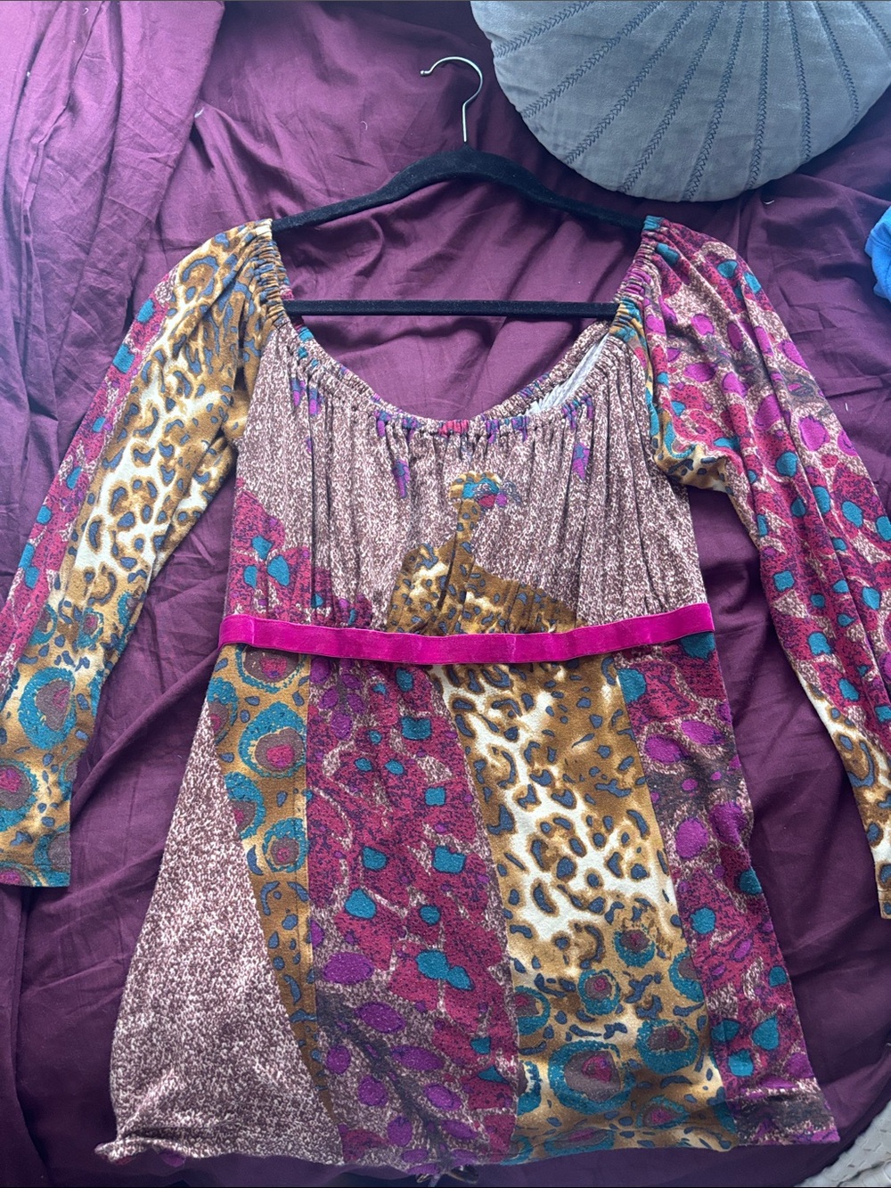 Boho Patchwork Leopard Print Peasant Blouse - Pink/Turquoise